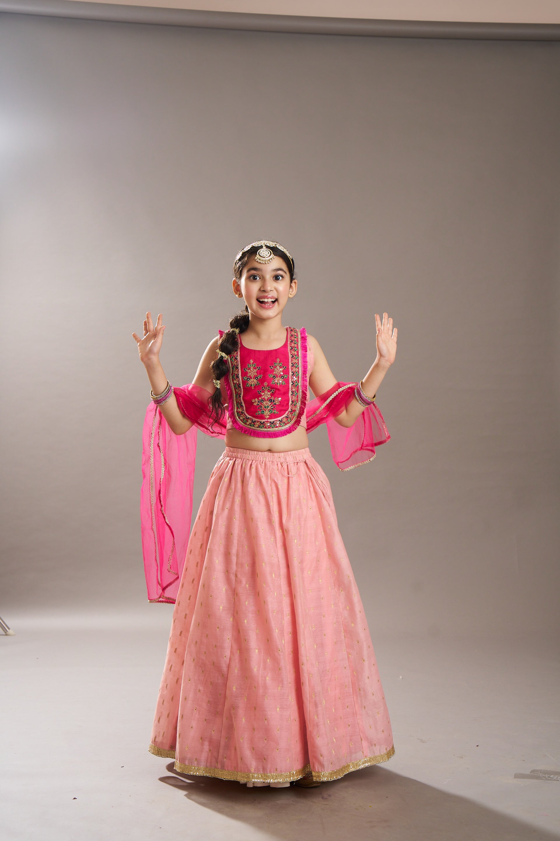 girlspink peach woven design with embroidered yoke choli lehenga with dupatta