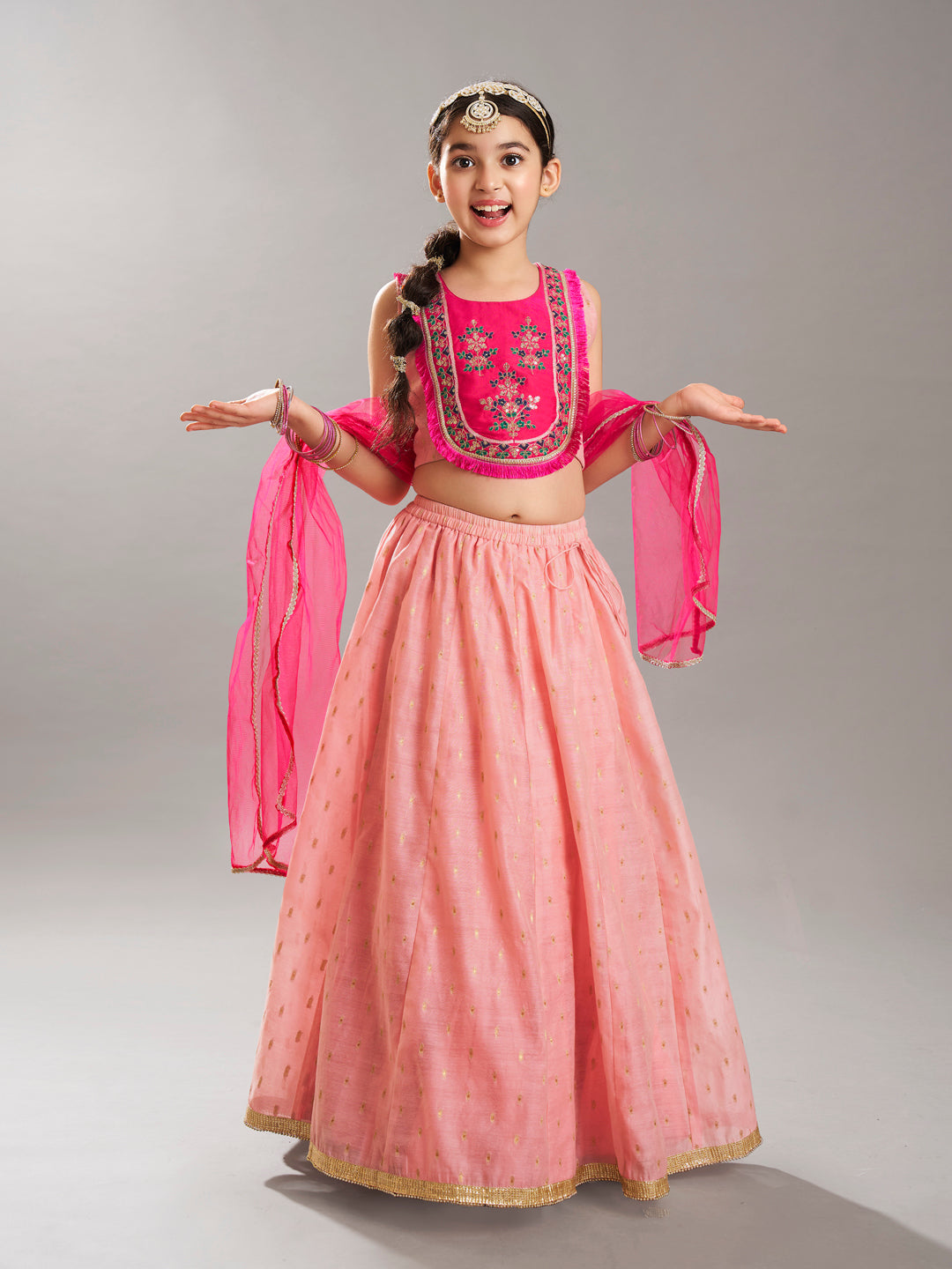 girlspink peach woven design with embroidered yoke choli lehenga with dupatta