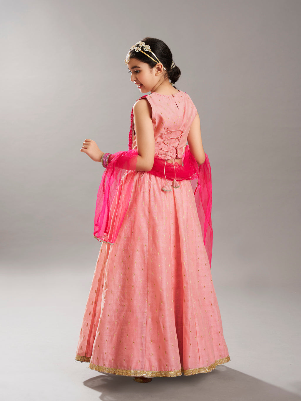 girlspink peach woven design with embroidered yoke choli lehenga with dupatta