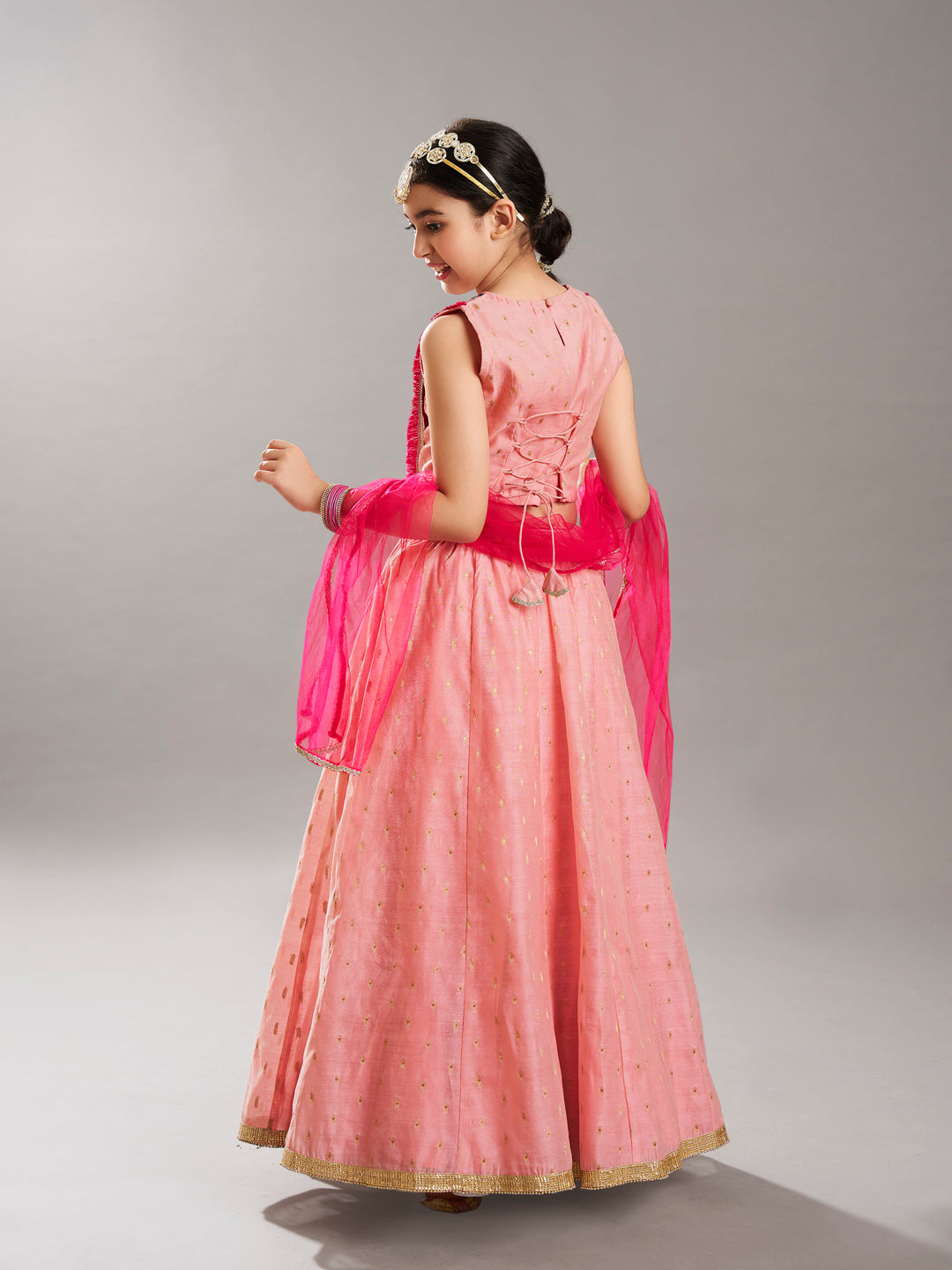 girlspink peach woven design with embroidered yoke choli lehenga with dupatta
