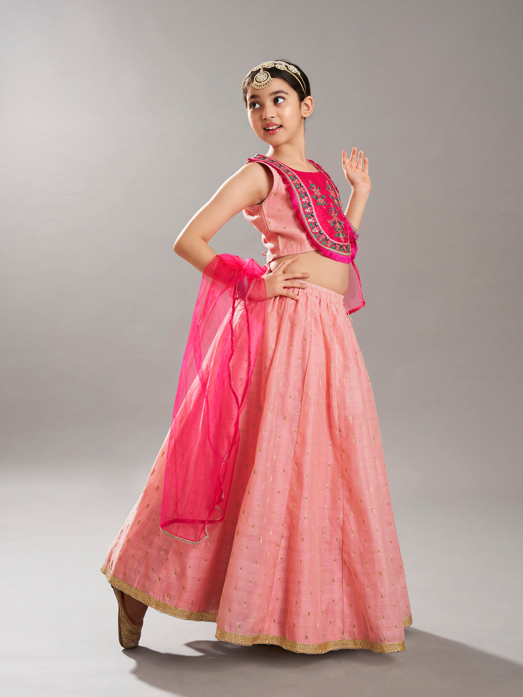 girlspink peach woven design with embroidered yoke choli lehenga with dupatta