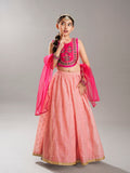 girlspink peach woven design with embroidered yoke choli lehenga with dupatta