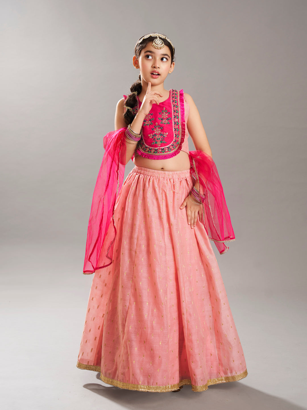 girlspink peach woven design with embroidered yoke choli lehenga with dupatta