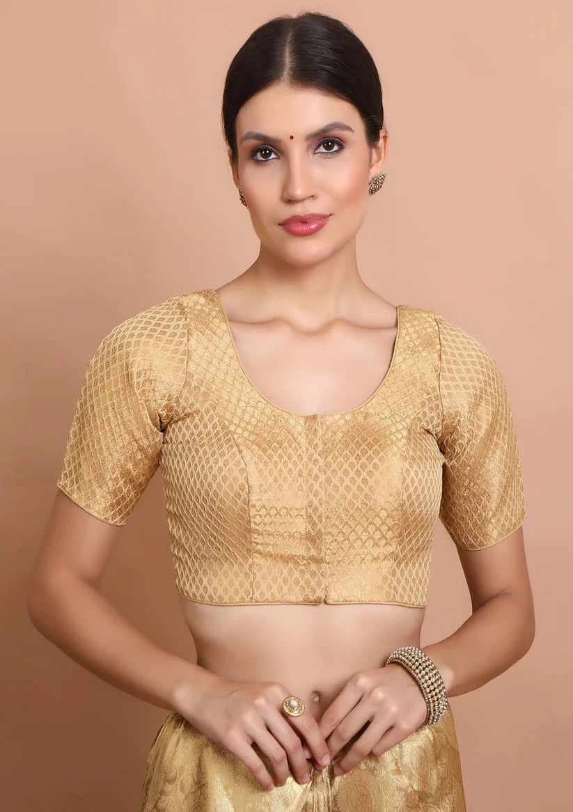 gold brocade round neck readymade padded blouse