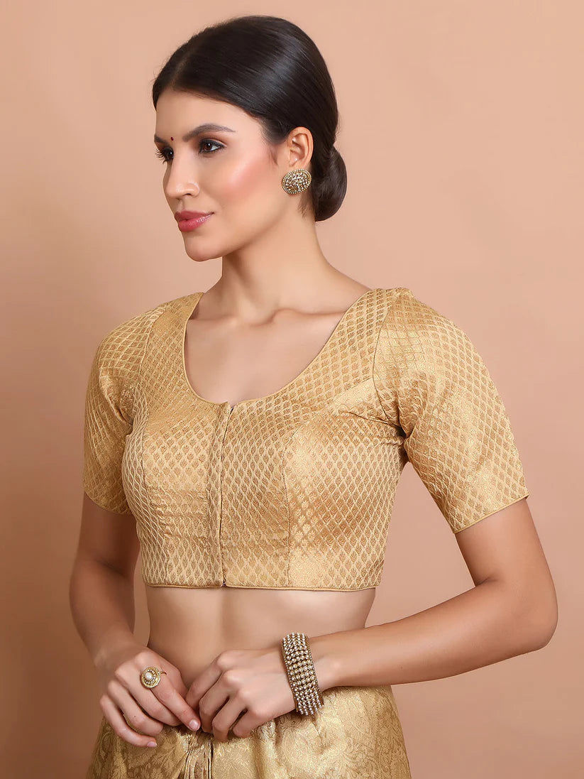 gold brocade round neck readymade padded blouse