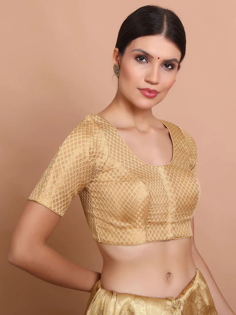 gold brocade round neck readymade padded blouse