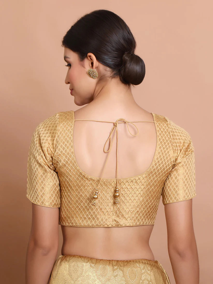 gold brocade round neck readymade padded blouse