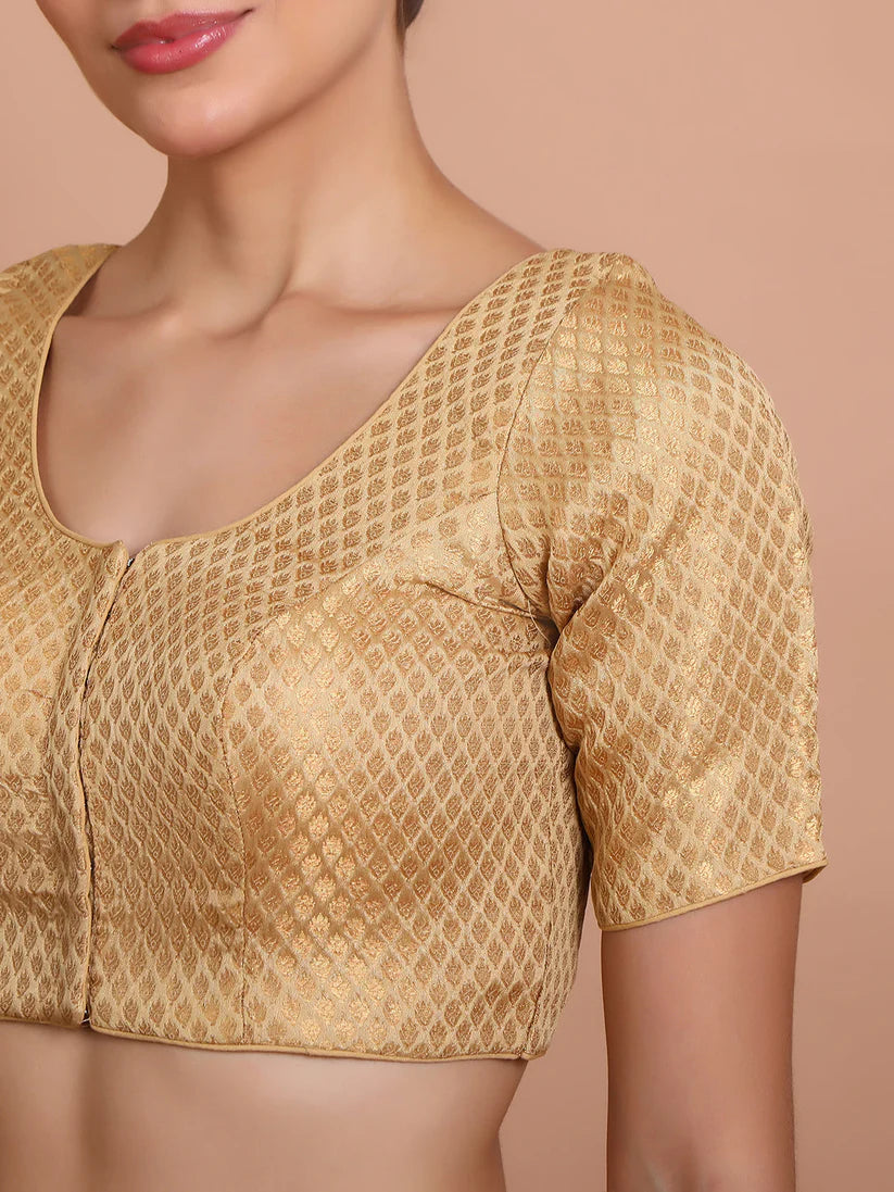 gold brocade round neck readymade padded blouse