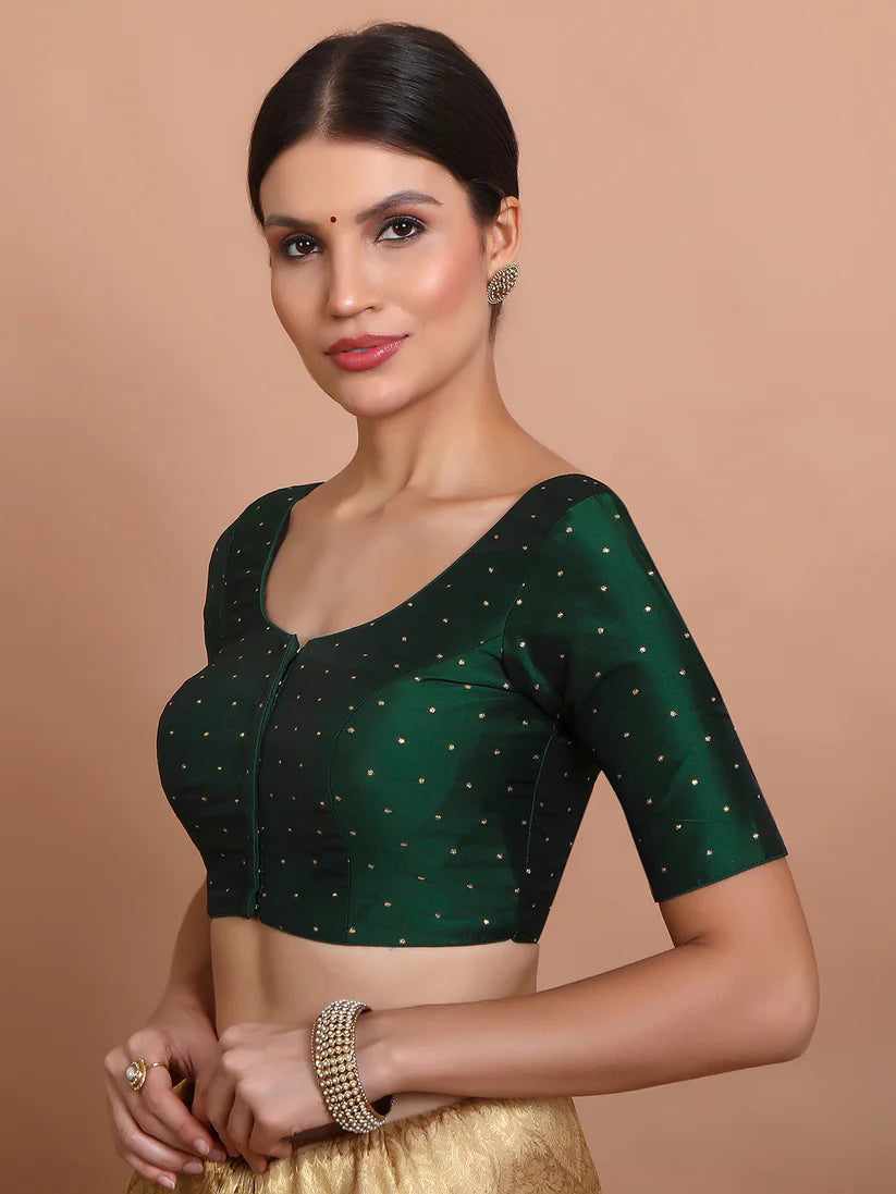 green silk round neck readymade padded blouse
