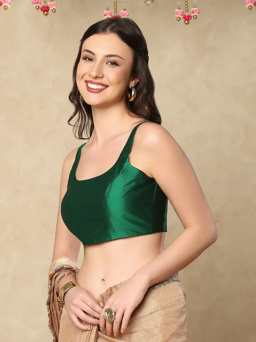 Green silk Solid Sleeveless Saree Blouse