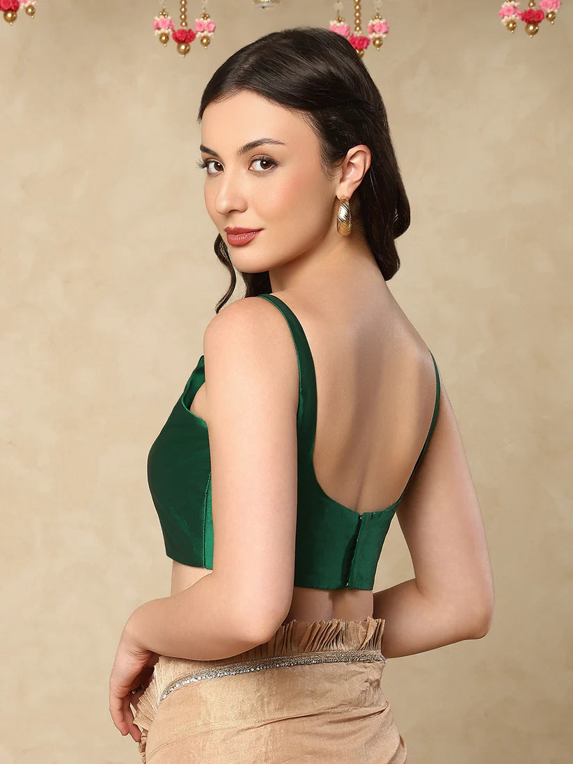 Green silk Solid Sleeveless Saree Blouse