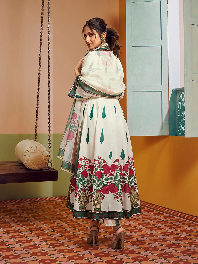off white floral printed anarkali flared kurta with palazzos dupatta