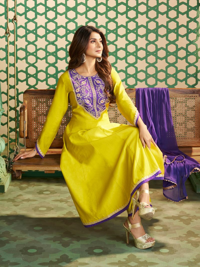 yellow purple embroidered anarkali kurta set