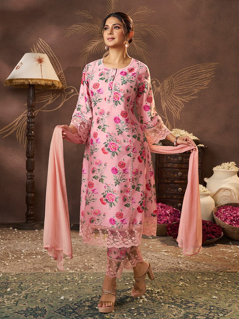 peach floral printed kurta set