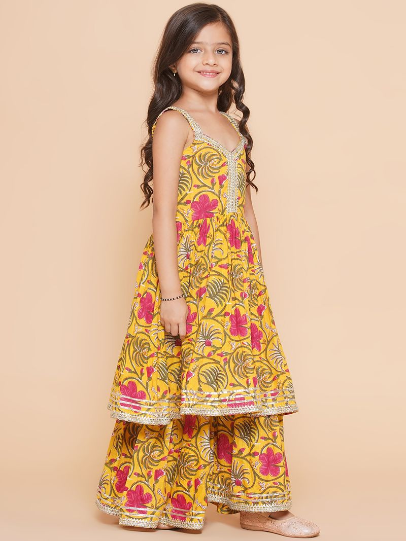 yellow floral printed empire gotta patti pure cotton kurta with sharara with dupatta