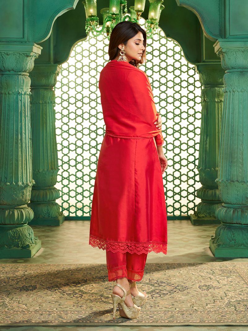 red embroidered kurta set