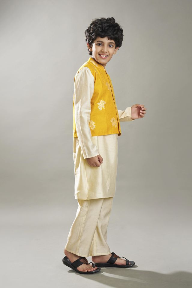 full sleeves jacquard design straight cut kurta pyjama with jacket offwhite yellow