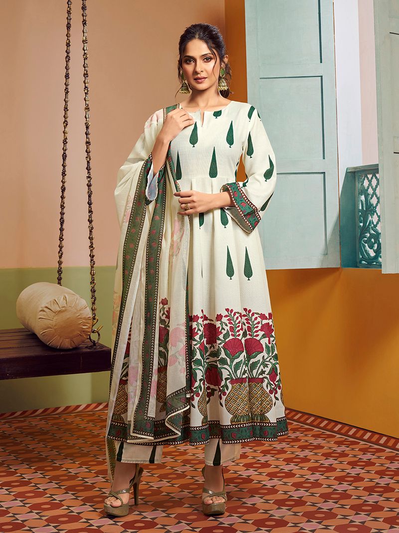 off white floral printed anarkali flared kurta with palazzos dupatta