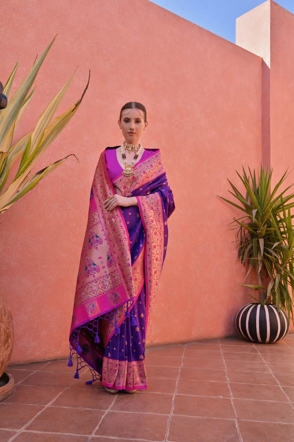 Royal Blue Paithani Silk Saree With Blouse Piece For Women