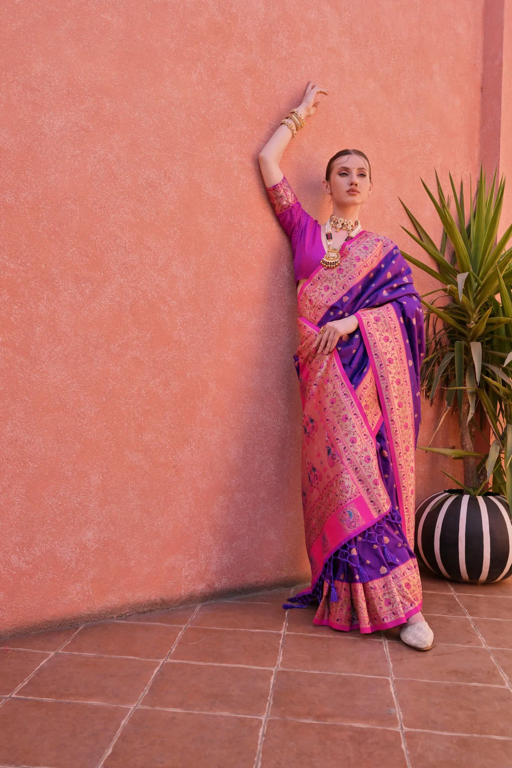 Royal Blue Paithani Silk Saree With Blouse Piece For Women
