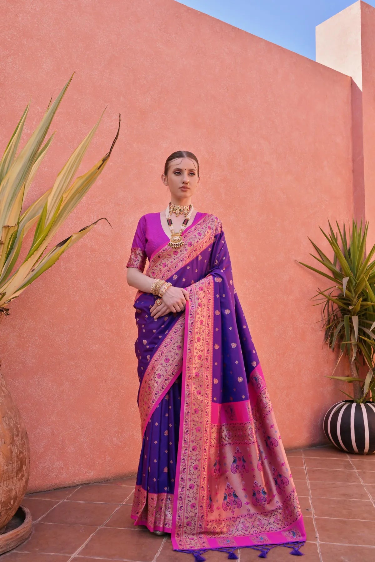 Royal Blue Paithani Silk Saree With Blouse Piece For Women