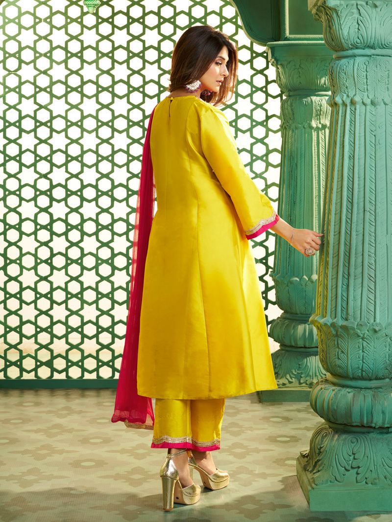 yellow with pink embroidered yoke kurta set