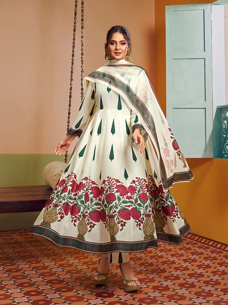 off white floral printed anarkali flared kurta with palazzos dupatta