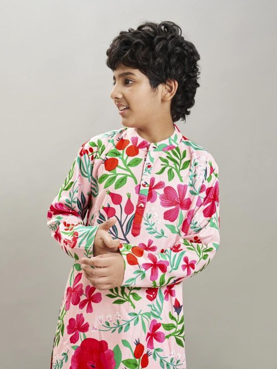 full sleeves floral print straight cut kurta with pyjama peach floral