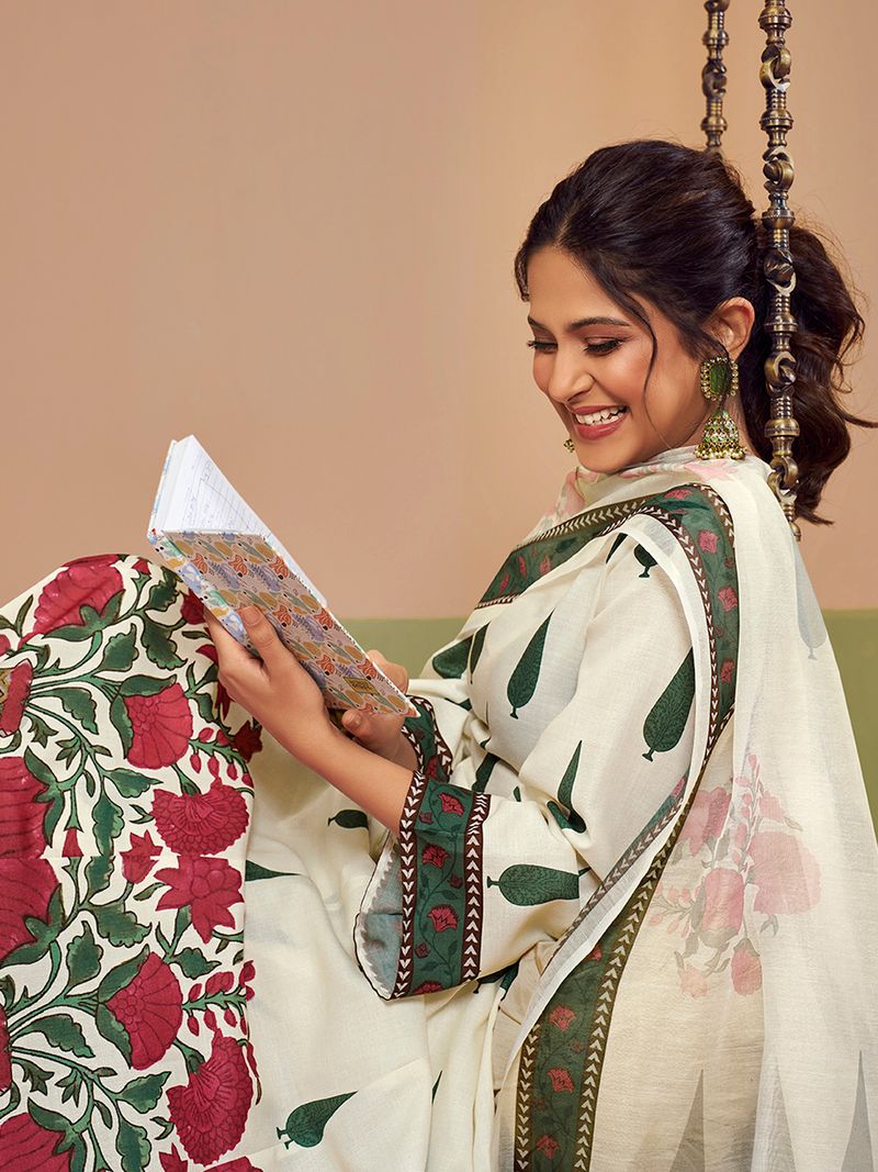 off white floral printed anarkali flared kurta with palazzos dupatta