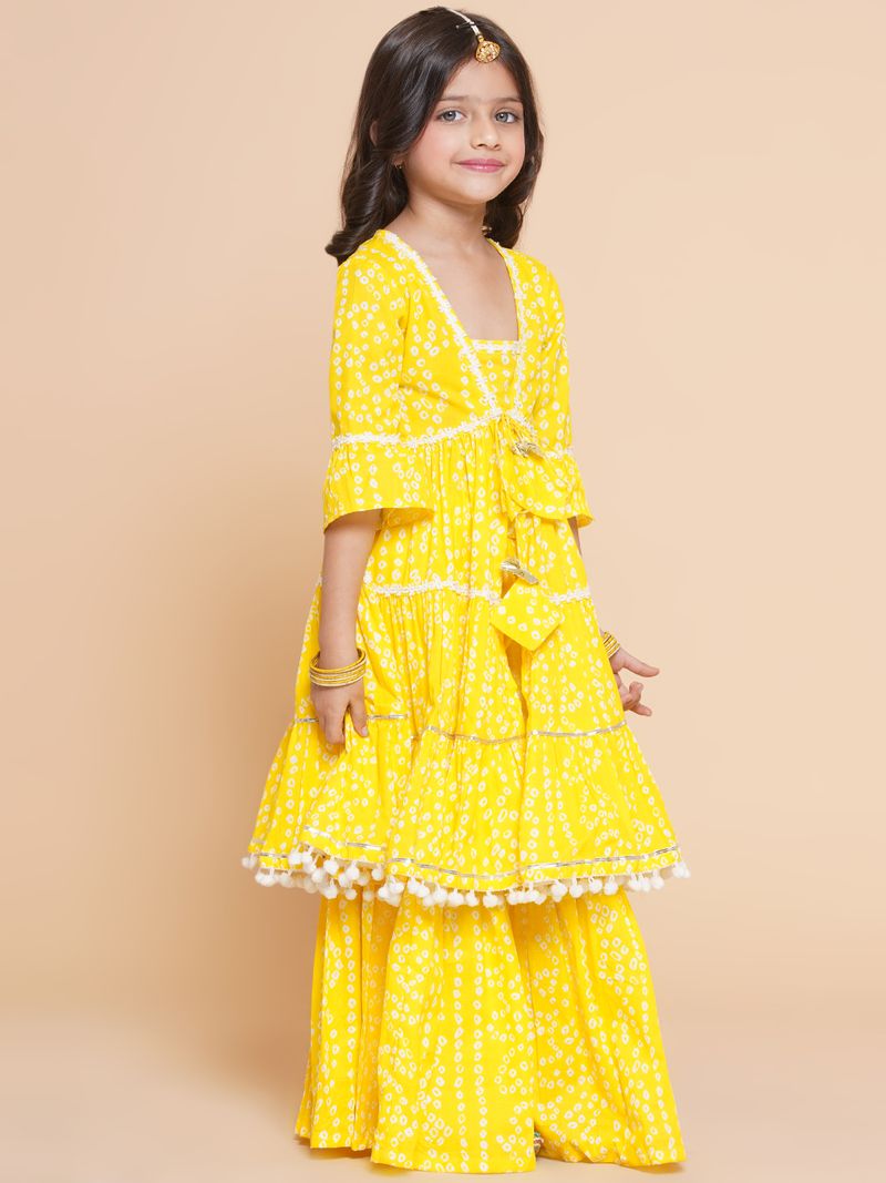 bandhani printed tiered gotta patti pure cotton kurta with sharara