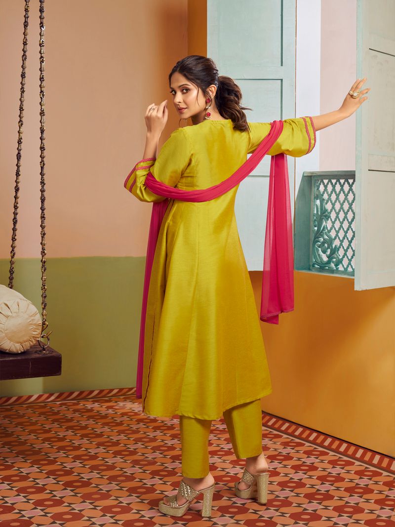 yellow embroiderd anarkali flared kurta with palazzos dupatta