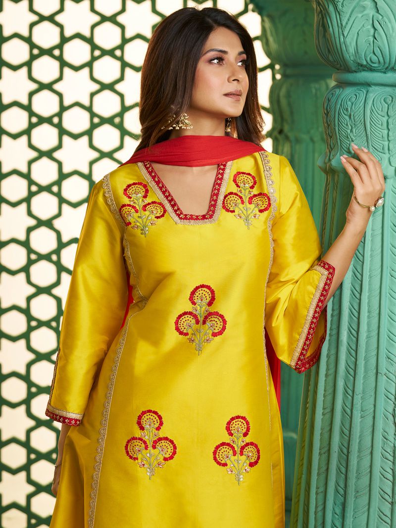 yellow embroidered kurta set
