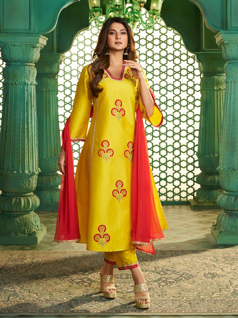 yellow embroidered kurta set