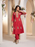 red colour embroiderd anarkali flared kurta with palazzos