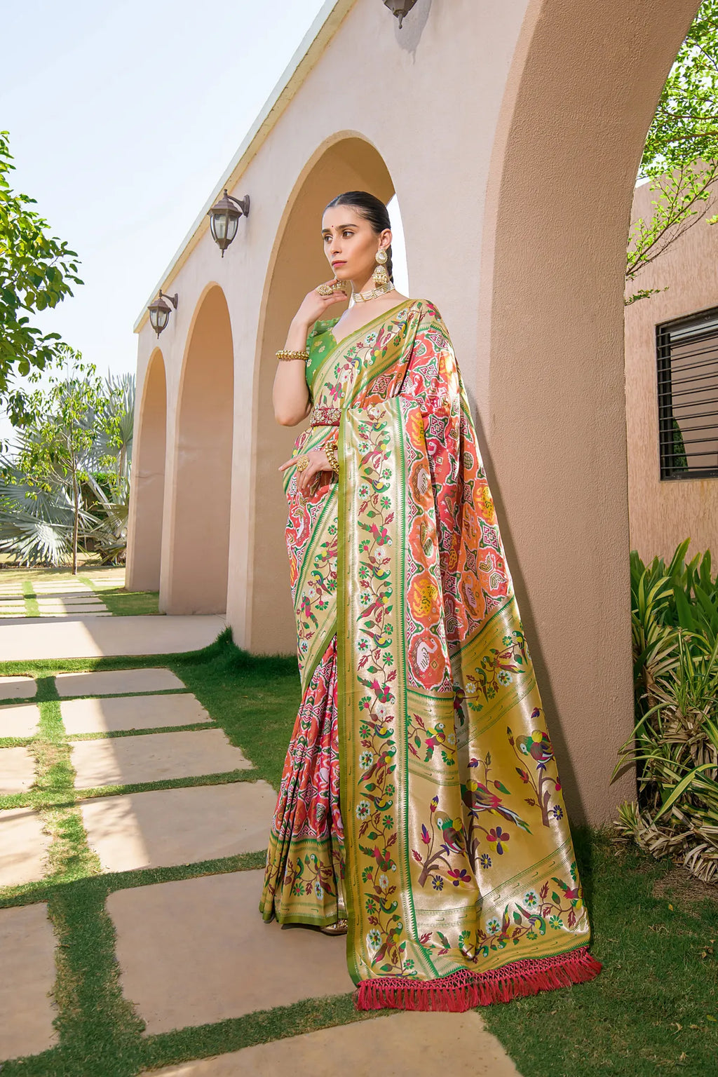 Peach Paithani Silk Saree With Blouse Piece For Women