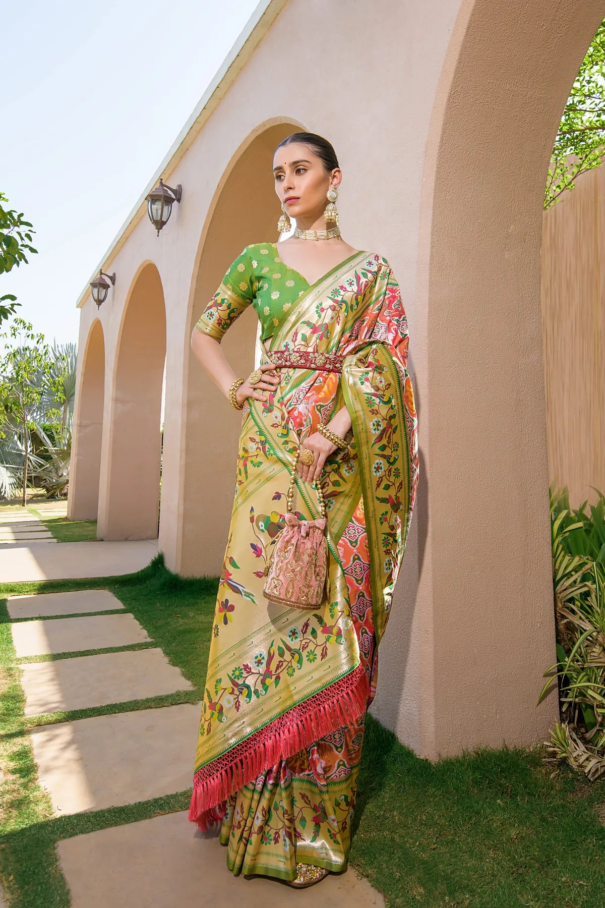 Peach Paithani Silk Saree With Blouse Piece For Women