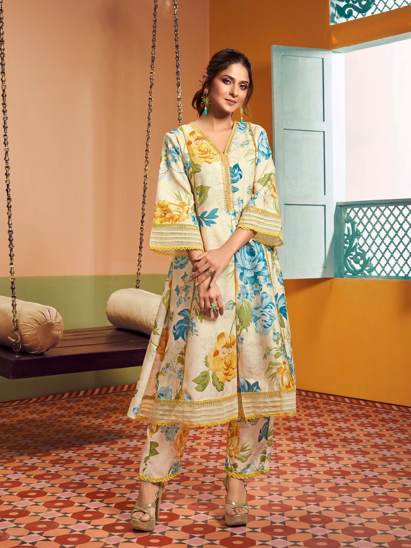 beige multi blue yellow floral printed kurta set