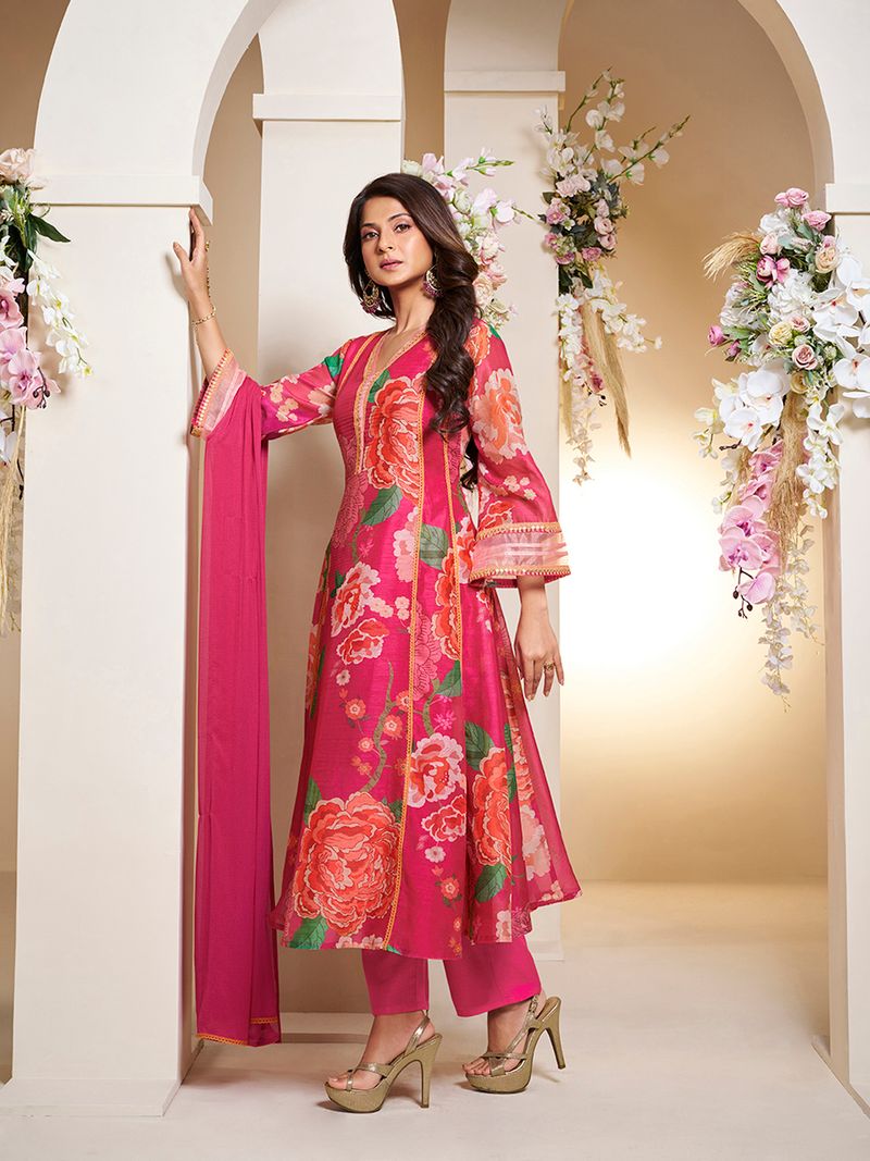 pink colour floral printed flared anarkali kurta with palazzos dupatta