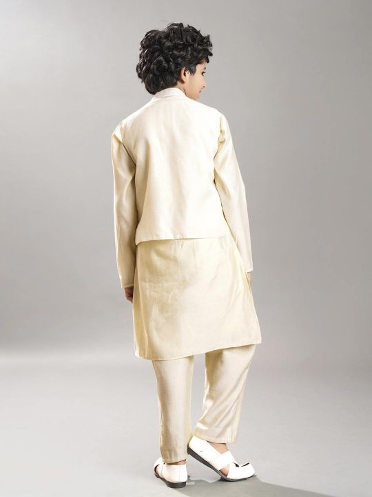 full sleeves booti embroidered straight cut kurta pyjama with jacket offwhite