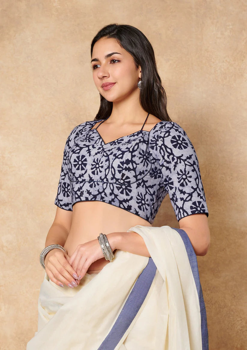 off white blue batik pure cotton v neck readymade blouse