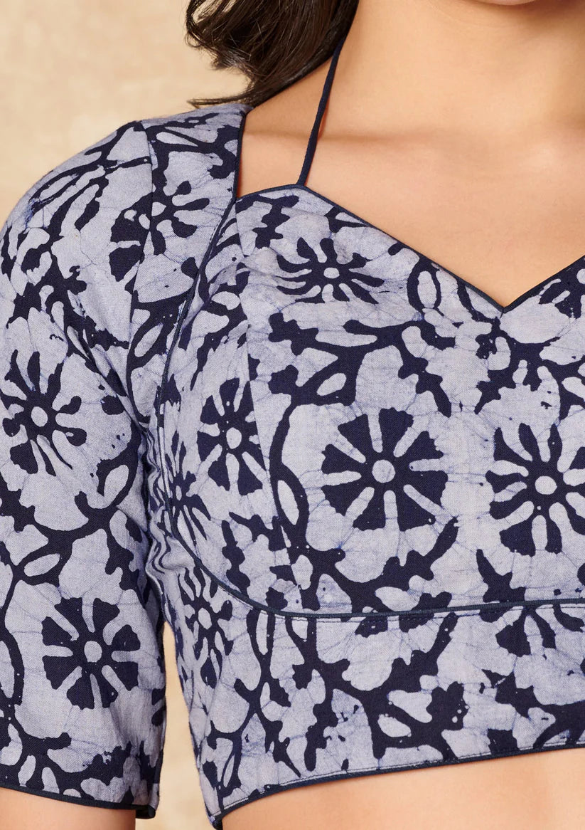 off white blue batik pure cotton v neck readymade blouse