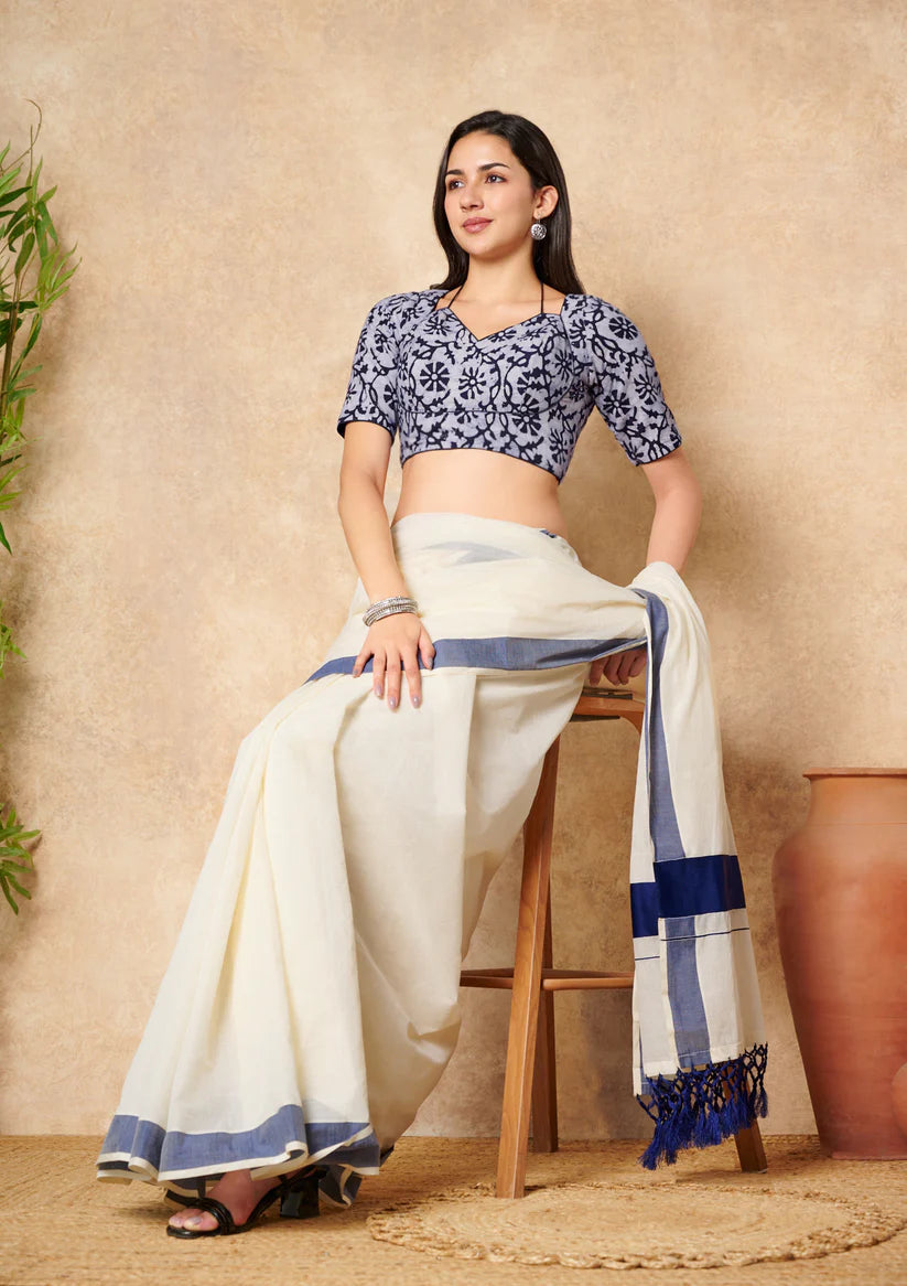 off white blue batik pure cotton v neck readymade blouse