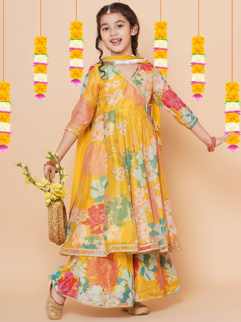 multi floral printed angrakha gotta patti kurta sharara set with dupatta