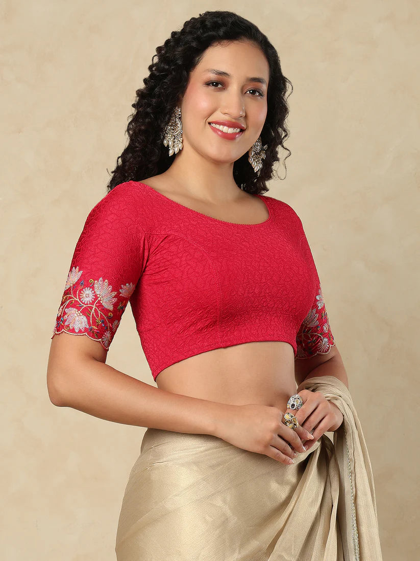 Pink Cotton Lycra Round Neck Readymade Blouse