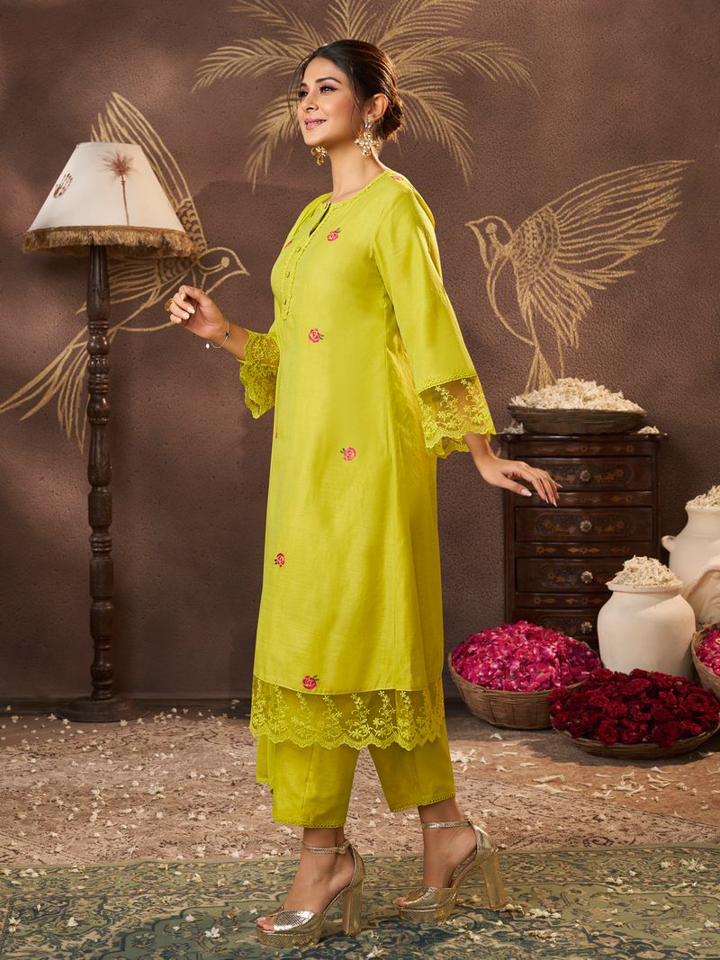 lime yellow embroidered kurta set