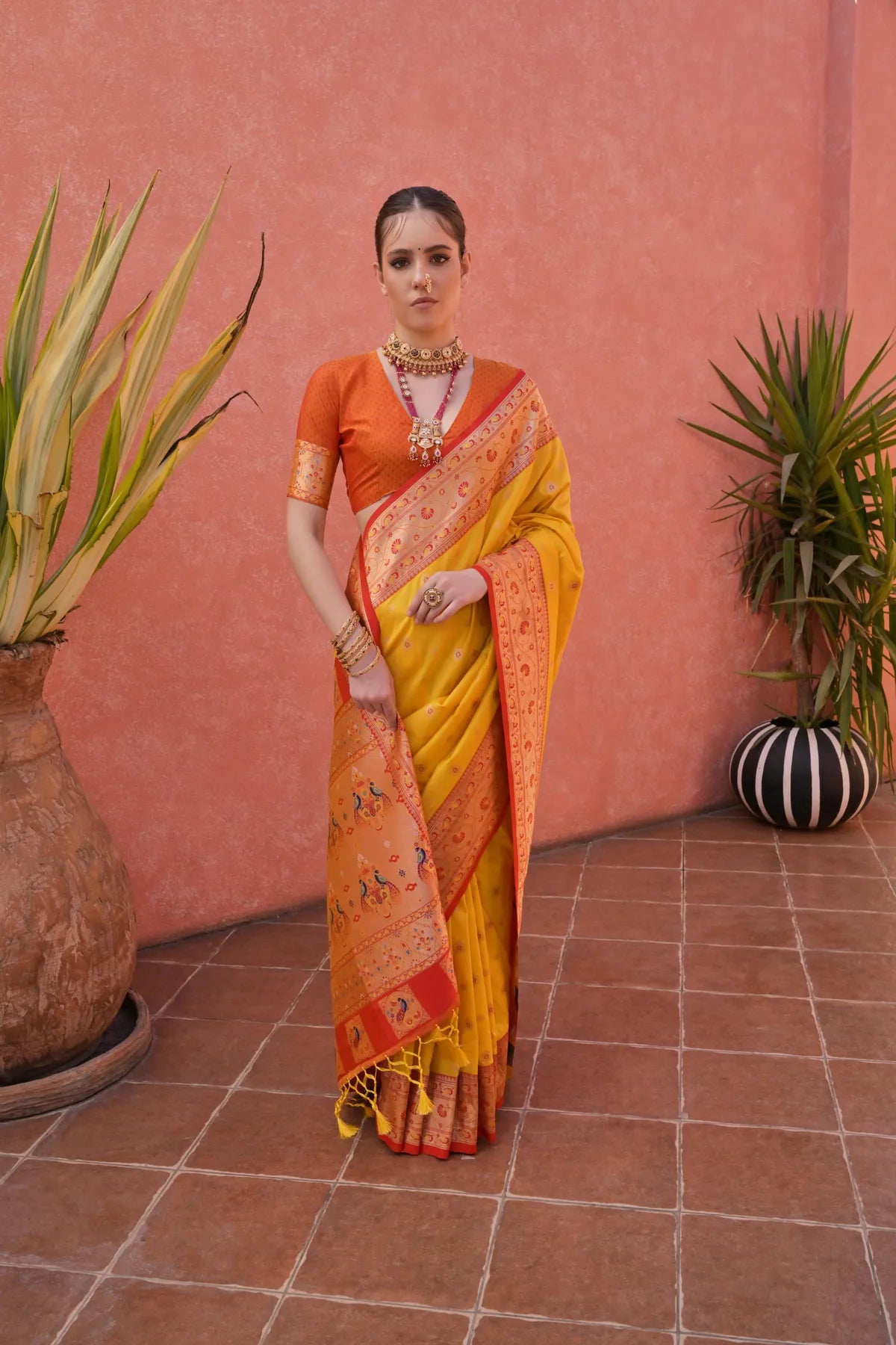 Yellow Paithani Silk Saree With Blouse Piece For Women