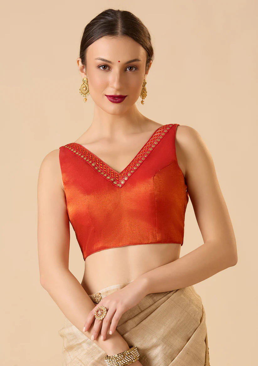 Rust Cotton Tissue V Neck Readymade Blouse