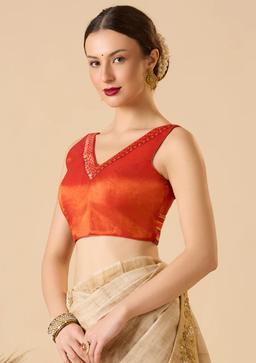 Rust Cotton Tissue V Neck Readymade Blouse