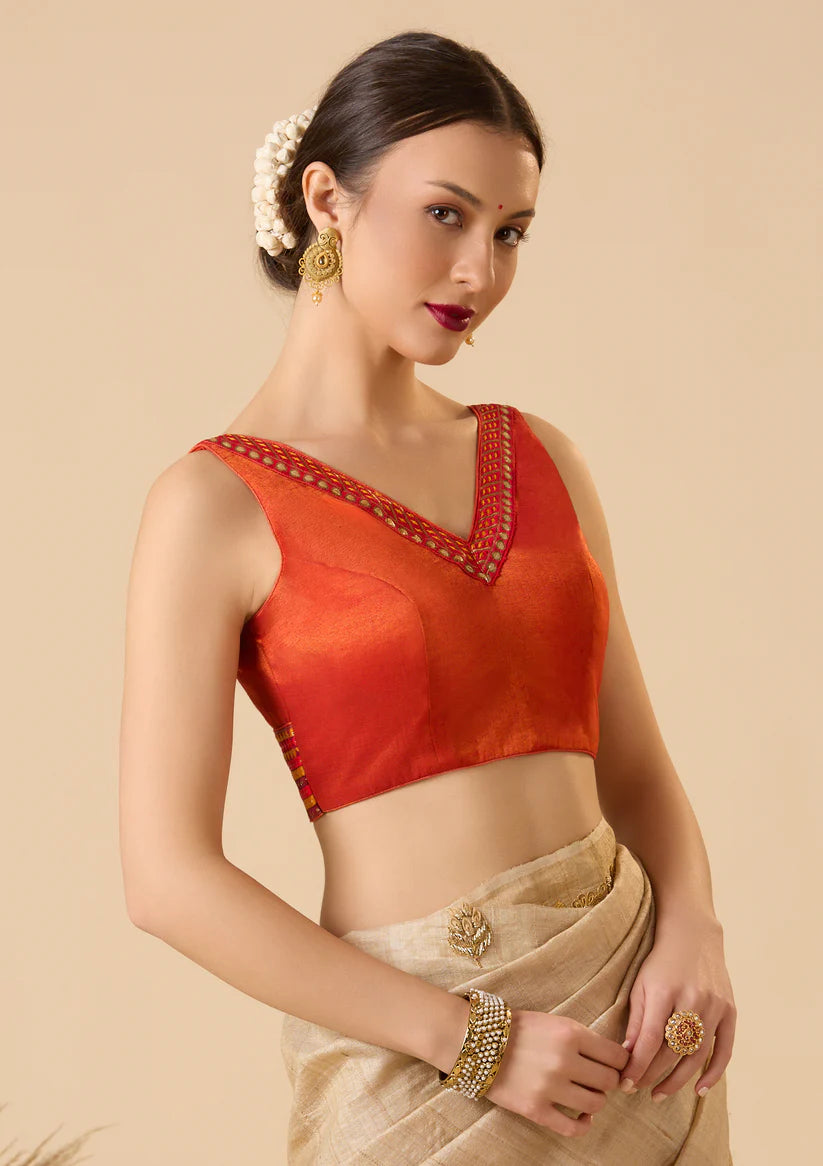 Rust Cotton Tissue V Neck Readymade Blouse