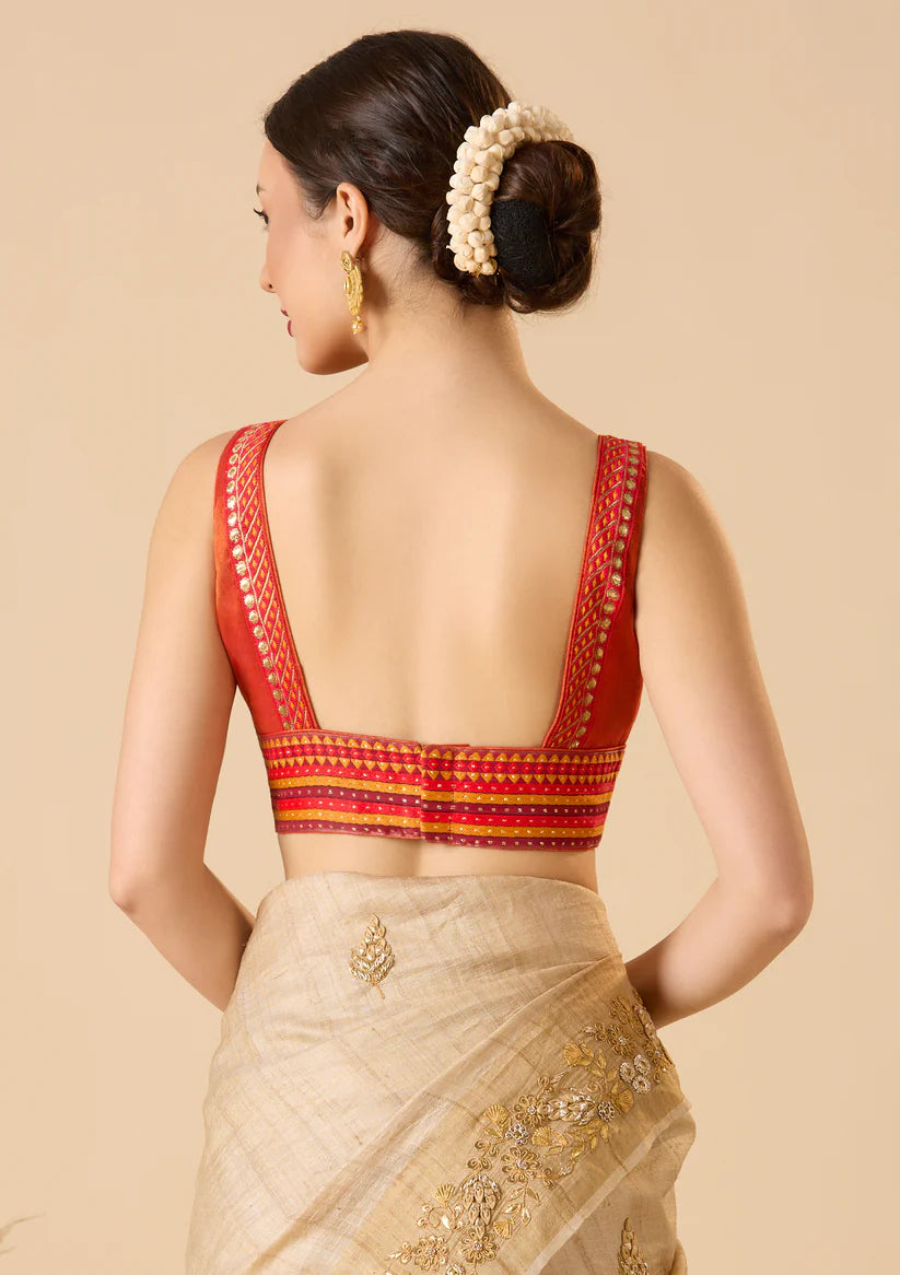 Rust Cotton Tissue V Neck Readymade Blouse